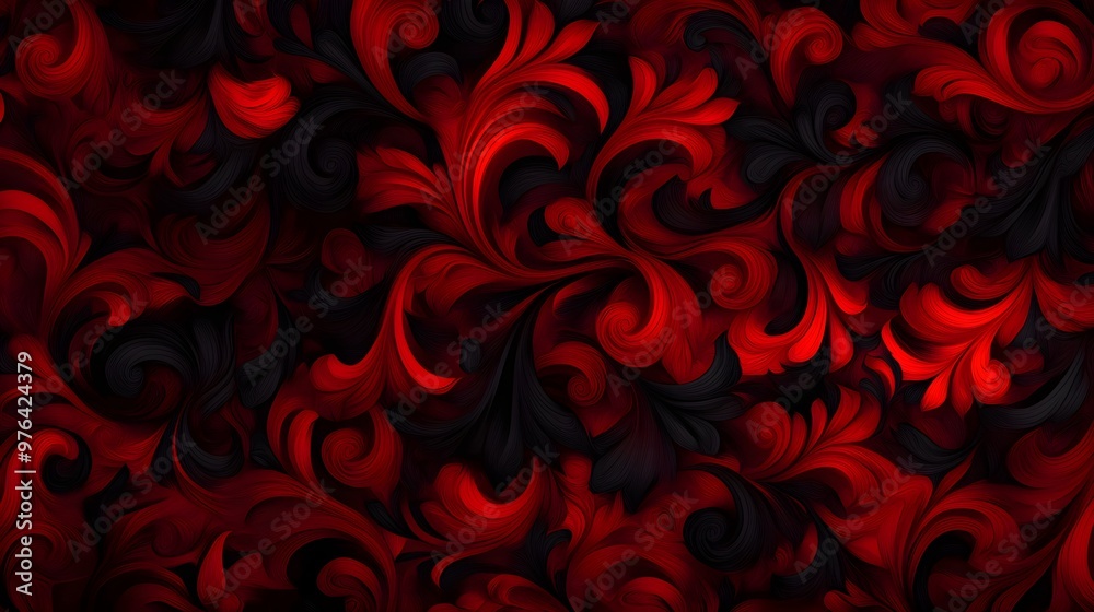 Swirling black tribal shapes on a deep red background, repeating flawlessly, modern and striking, Steampunk, Digital vector art. Swirling black tribal shapes on a deep red background, repeating flawlessly, modern and striking, Steampunk, Digital vector art.