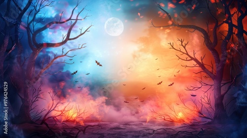 Halloween Night Forest with Full Moon Fog and Flying Bats