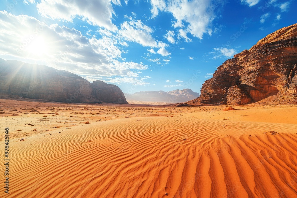 Naklejka premium Desert Landscape with Rock Formation during Afternoon in Jordan. Beautiful Outdoor Scenery of Wadi Rum with Sandy Surface , ai