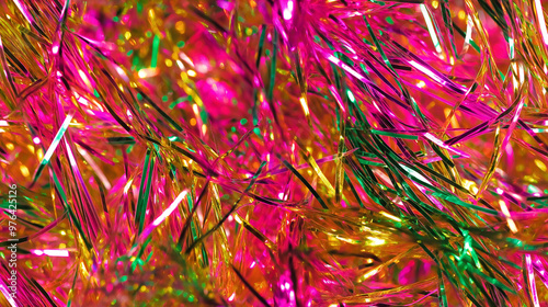 shimmering tinsel garland texture with a blend of metallic bright pink, neon yellow and neon green strands