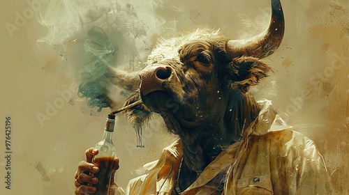 Bull Smoking and Drinking - Surreal Animal Portrait photo