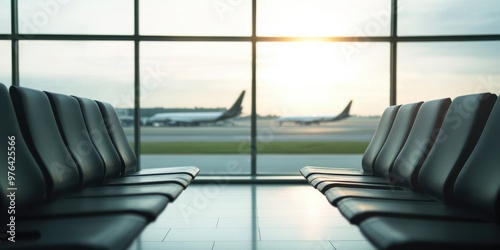 An empty airport terminal with rows of black seats facing large windows that show airplanes on the tarmac under a cloudy sky, capturing a quiet moment before busy travel activity. photo