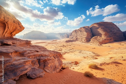 Desert Landscape with Rock Formation during Afternoon in Jordan. Beautiful Outdoor Scenery of Wadi Rum with Sandy Surface , ai