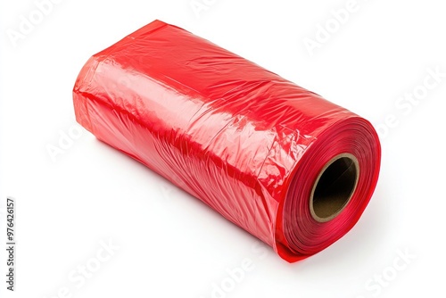 A red plastic garbage bag roll on a hite photo