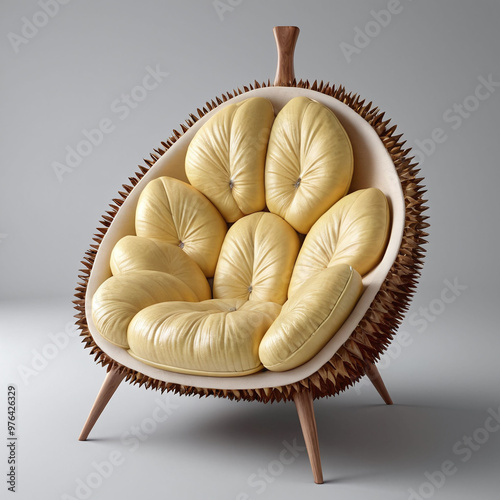 comfy sofa or chair with yellow durian shape, comfort durian seat or chair, for interior fruit inspiration, isolated in grey background photo