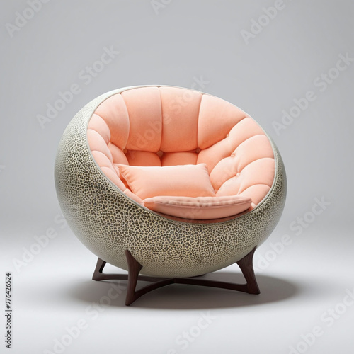 comfy seat, relax sofa or chair with melon shape, orange melon comfy sofa, for interior design fruit theme concept, isolated in light grey background photo