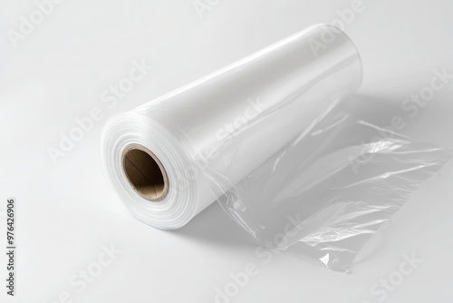 A white plastic garbage bag roll on a white, clear plastic