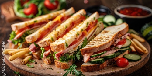 Wallpaper Mural Delicious Beef Sandwiches with Cucumbers, Tomatoes, Lettuce, Sauce, and Fries - A Savory Breakfast Choice Featuring Whole Wheat Bread, Meat, and Fresh Produce. Torontodigital.ca