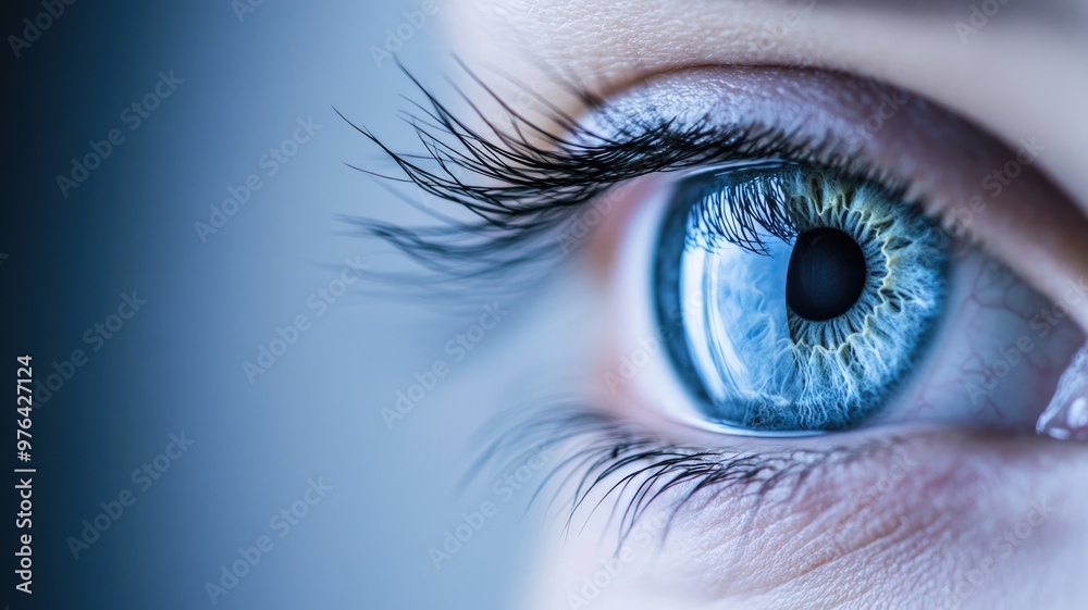 Close-up of blue eye with detailed iris and long eyelashes, set against soft background Close-up of blue eye with detailed iris and long eyelashes, set against soft background
