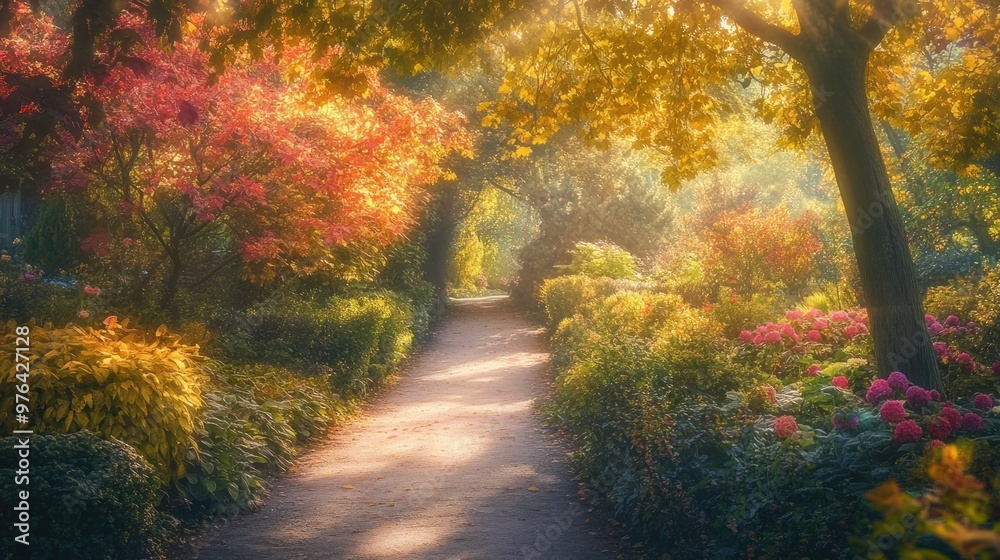 Sunlit path through vibrant autumn garden. Sunlit path through vibrant autumn garden.