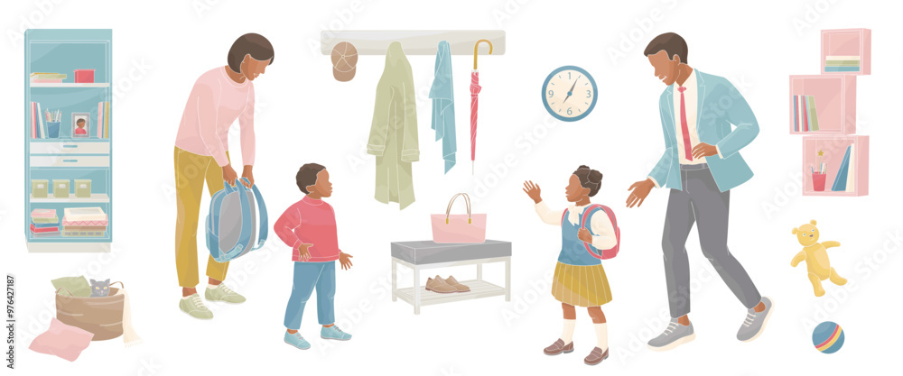 African American family parents father and mother are seeing their children, a boy and a girl, off to primary school African American family parents father and mother are seeing their children, a boy and a girl, off to primary school