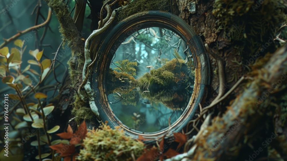 Obraz premium SMagical Mirror Unveiling Reflections of Alternate Realities Where Everything Is Reversed, Providing a Fantastical Glimpse into Parallel Dimensions