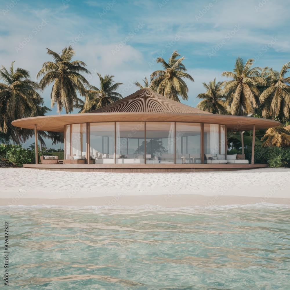 Fototapeta premium Modern villa on a tropical sand beach among palm trees. Minimalist house with round curved shaped forms.