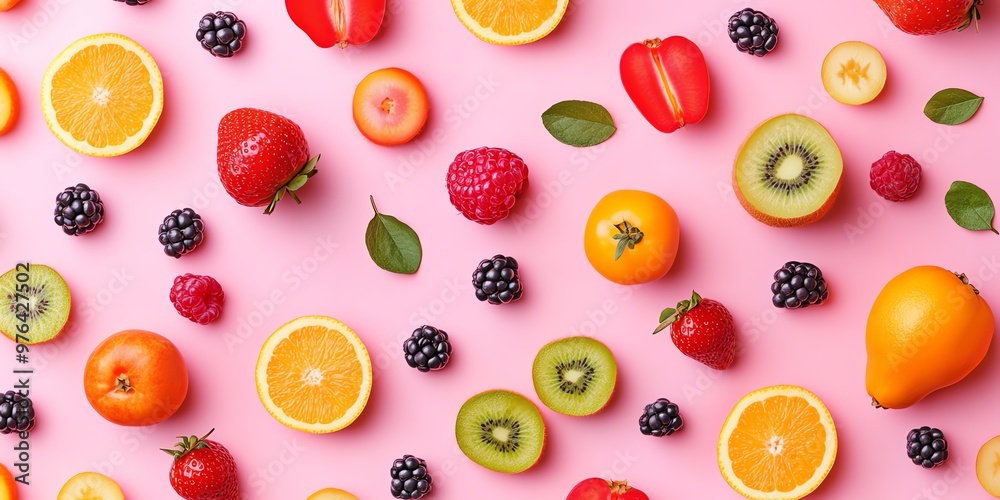motif de fruits sur fond rose, fond d'écran pattern coloré et fruité, framboise, mure, kiwi, clementine