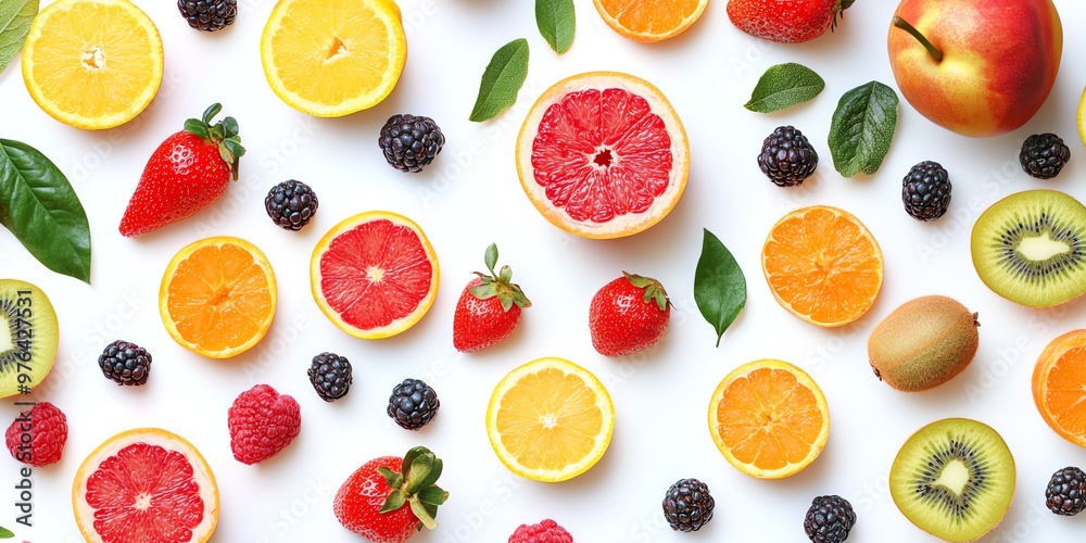 motif de fruits sur fond blanc, fond d'écran pattern coloré et fruité, pamplemousse, fraise, orange, mure