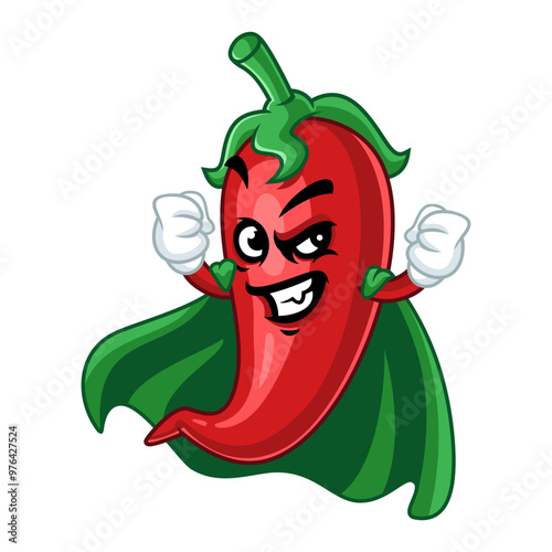 Superhero chili pepper mascot cartoon character with cape and funny expression.