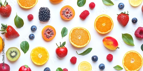 motif de fruits sur fond blanc, fond d'écran pattern coloré et fruité, goyave, orange, mure photo