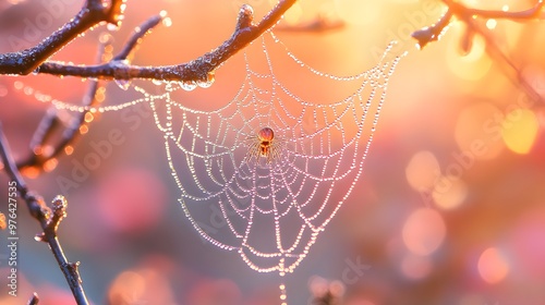 Glistening dew drops on an intricate spider web, catching the morning light, Nature, Macro photography, soft pastel background, highly detailed water reflections photo