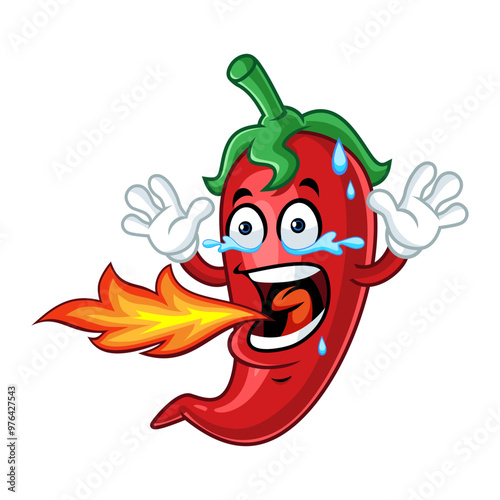 Funny Cartoon Chili Pepper Blowing Fire and Crying, Spicy Food Illustration.