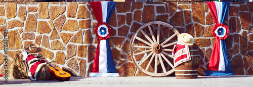 fondo muro de piedra con decoración Fiestas Patrias de Chile photo