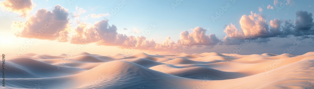 Serene Desert Landscape with Windswept Sand Dunes Under Pastel Skies, Horizon Blending Seamlessly Into a Dreamy Atmosphere Serene Desert Landscape with Windswept Sand Dunes Under Pastel Skies, Horizon Blending Seamlessly Into a Dreamy Atmosphere
