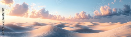 Serene Desert Landscape with Windswept Sand Dunes Under Pastel Skies, Horizon Blending Seamlessly Into a Dreamy Atmosphere