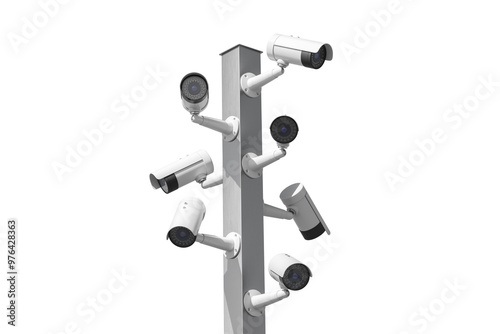 Multiple surveillance cameras of various models mounted on a single pole. Isolated on a white background. Concept of security and surveillance. 3D Rendering