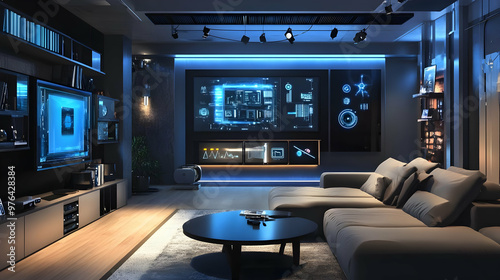 Modern Living Room Interior Design with Futuristic Technology Displays - 3D Illustration