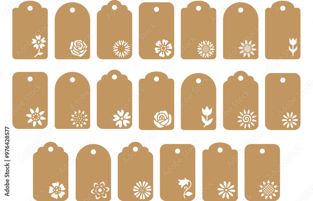 Set of floral gift or price tag stencils. Vector templates for cutting. Craft paper or cardboard labels cut files with flowers