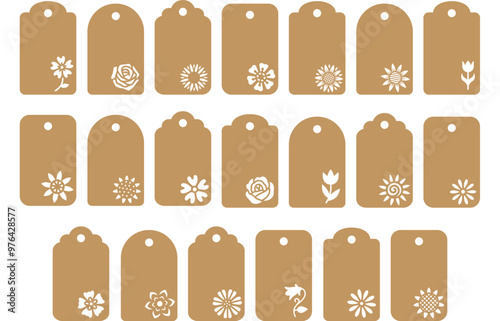 Set of floral gift or price tag stencils. Vector templates for cutting. Craft paper or cardboard labels cut files with flowers