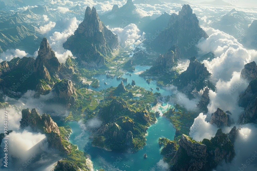 Aerial View of a Mountainous Landscape with a Winding River and Clouds Aerial View of a Mountainous Landscape with a Winding River and Clouds