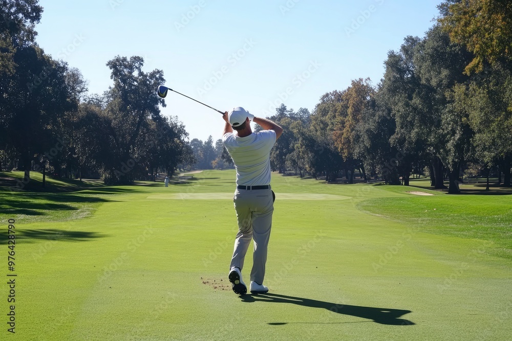 Front view of Golfer driver back swing before hitting golf ball down the fairway , ai Front view of Golfer driver back swing before hitting golf ball down the fairway , ai
