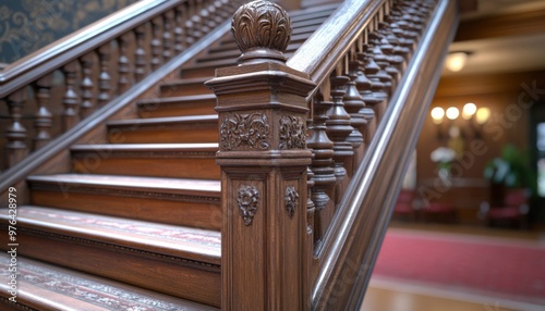 Elegant Mahogany Staircase with Intricate Carvings A Masterpiece of Craftsmanship, The Rich Grain and Detailed Workmanship Are Visible in Every Plank, Exhibiting the Beauty of Traditional Woodworking photo