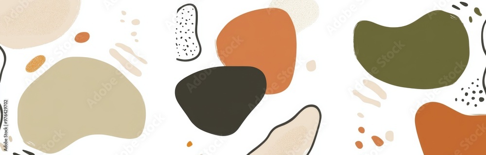 Set of Three Flat Abstract Shapes in Organic Forms with Earthy Color Palette, Featuring Beige, Green, Brown, and Orange Tones. Minimalist Design Aesthetic and Seamless Pattern on a White Background. Set of Three Flat Abstract Shapes in Organic Forms with Earthy Color Palette, Featuring Beige, Green, Brown, and Orange Tones. Minimalist Design Aesthetic and Seamless Pattern on a White Background.