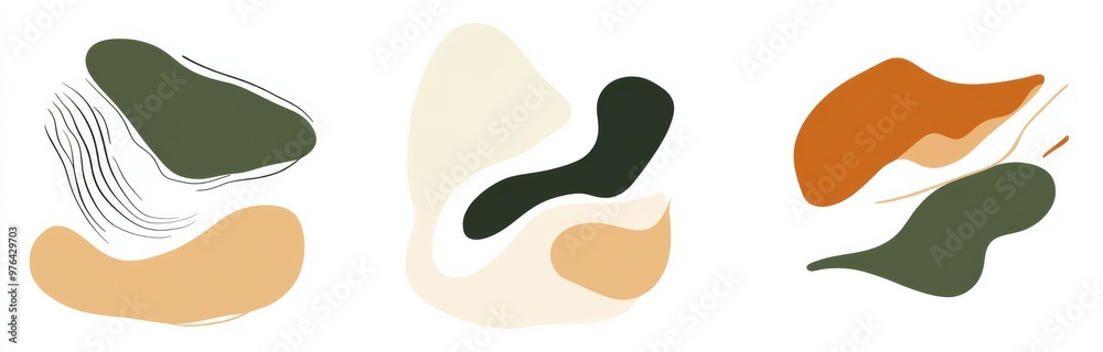 Set of Three Flat Abstract Shapes in Organic Forms with Earthy Color Palette, Featuring Beige, Green, Brown, and Orange Tones. Minimalist Design Aesthetic and Seamless Pattern on a White Background. Set of Three Flat Abstract Shapes in Organic Forms with Earthy Color Palette, Featuring Beige, Green, Brown, and Orange Tones. Minimalist Design Aesthetic and Seamless Pattern on a White Background.