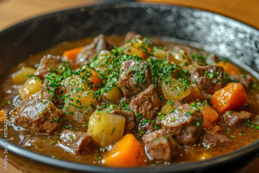Close-up of Beef Stew with Carrots, Onions, and Parsley in a Black Bowl Close-up of Beef Stew with Carrots, Onions, and Parsley in a Black Bowl