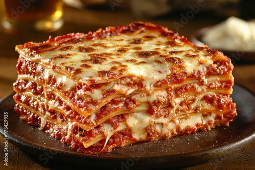 A Single Serving of Lasagna with Melted Cheese and Red Sauce photo