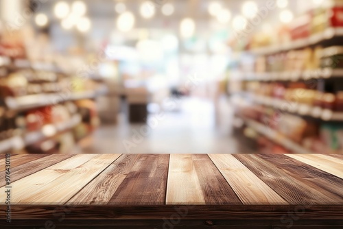 Table and blur background, Wooden counter over blur bokeh light background, Brown wood table top, shelf for food and retail shop, store product display backdrop, banner, mockup, template, ai