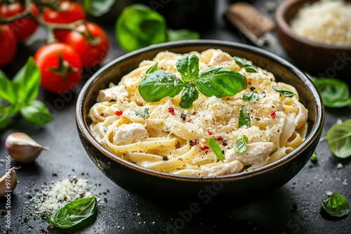 Creamy Chicken Pasta with Basil and Parmesan Cheese