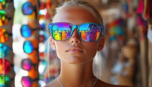 A Blonde Woman in Vibrant Sunglasses Poses in a Colorful Marketplace, Capturing the Essence of Summer Fun and Travel