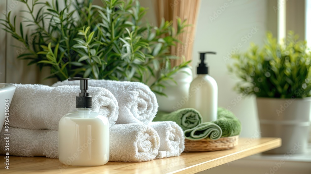 White towels, green plants, and soap dispensers on a wooden shelf in a bathroom. White towels, green plants, and soap dispensers on a wooden shelf in a bathroom.