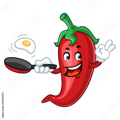 Cartoon chili pepper holding frying pan with egg flying out. Concept of cooking, food, funny, mascot, character.