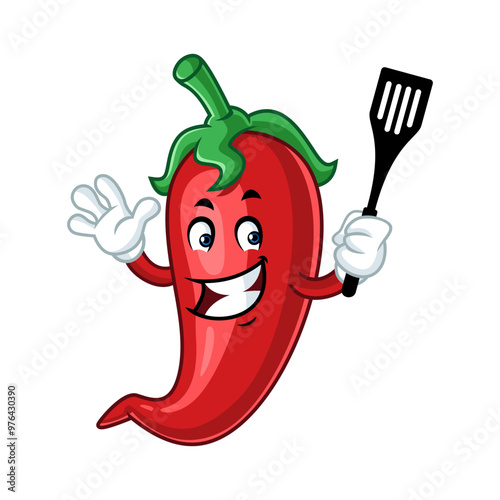 Cartoon chili pepper mascot holding a spatula, cooking and waving.