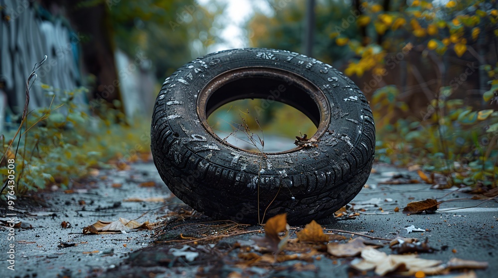 Old Tire Abandoned in a Forest Path - Environmental Impact Old Tire Abandoned in a Forest Path - Environmental Impact