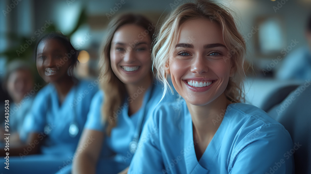 group of happy nurses hanging out in the lounge, group of happy nurses hanging out in the lounge,