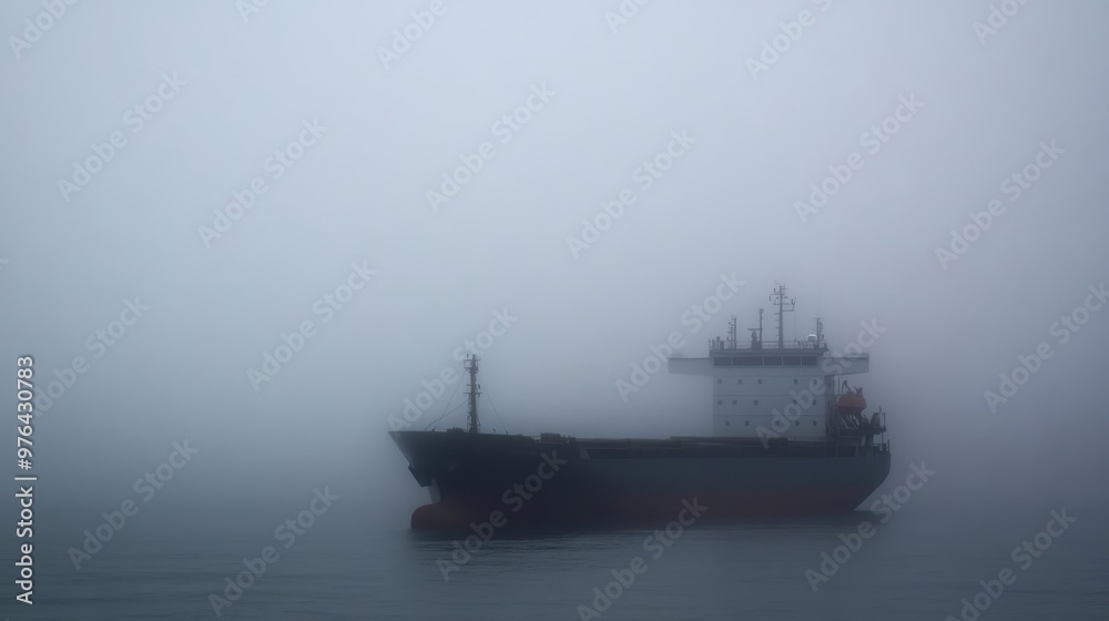 Freight Vessel Silhouette in Heavy Fog with Misty Ocean Background Freight Vessel Silhouette in Heavy Fog with Misty Ocean Background