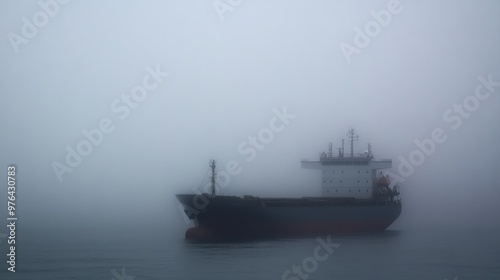 Freight Vessel Silhouette in Heavy Fog with Misty Ocean Background