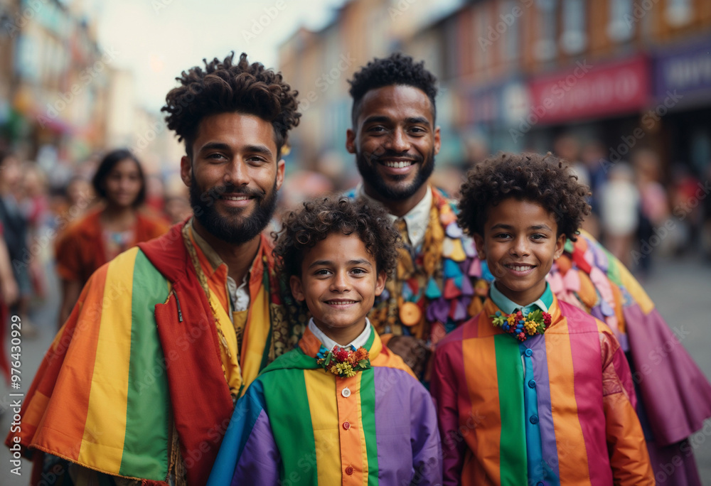 Man with children dressed in rainbow clothes Man with children dressed in rainbow clothes