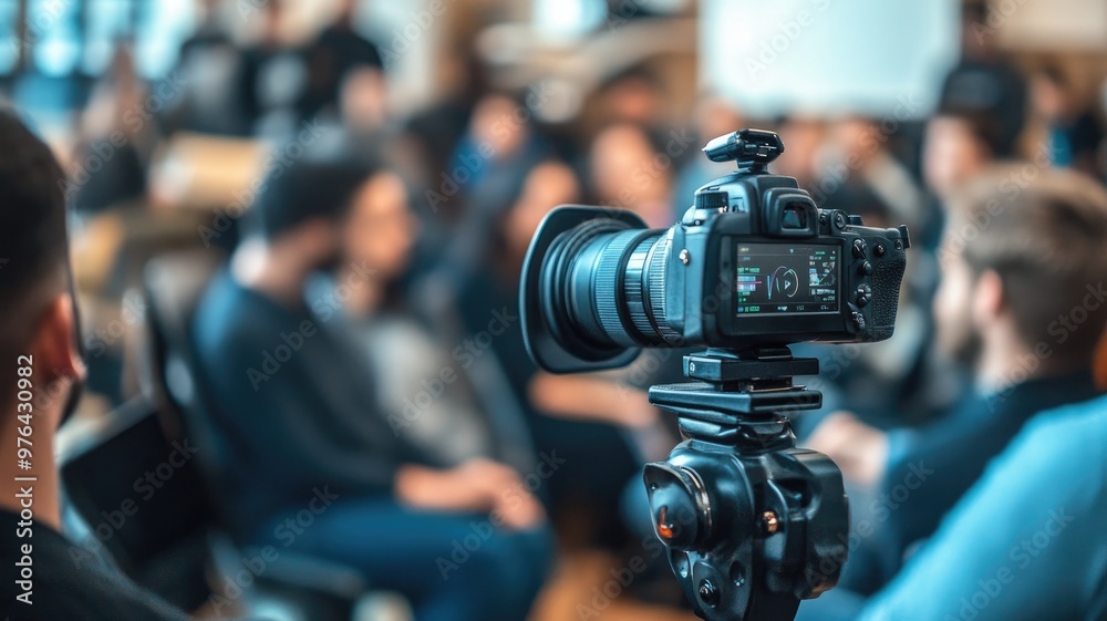 High-quality camera on tripod capturing seminar attended by diverse audience High-quality camera on tripod capturing seminar attended by diverse audience