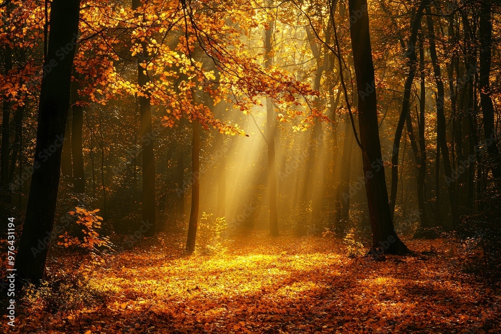 Golden Light Beams Through Fall Forest Golden Light Beams Through Fall Forest